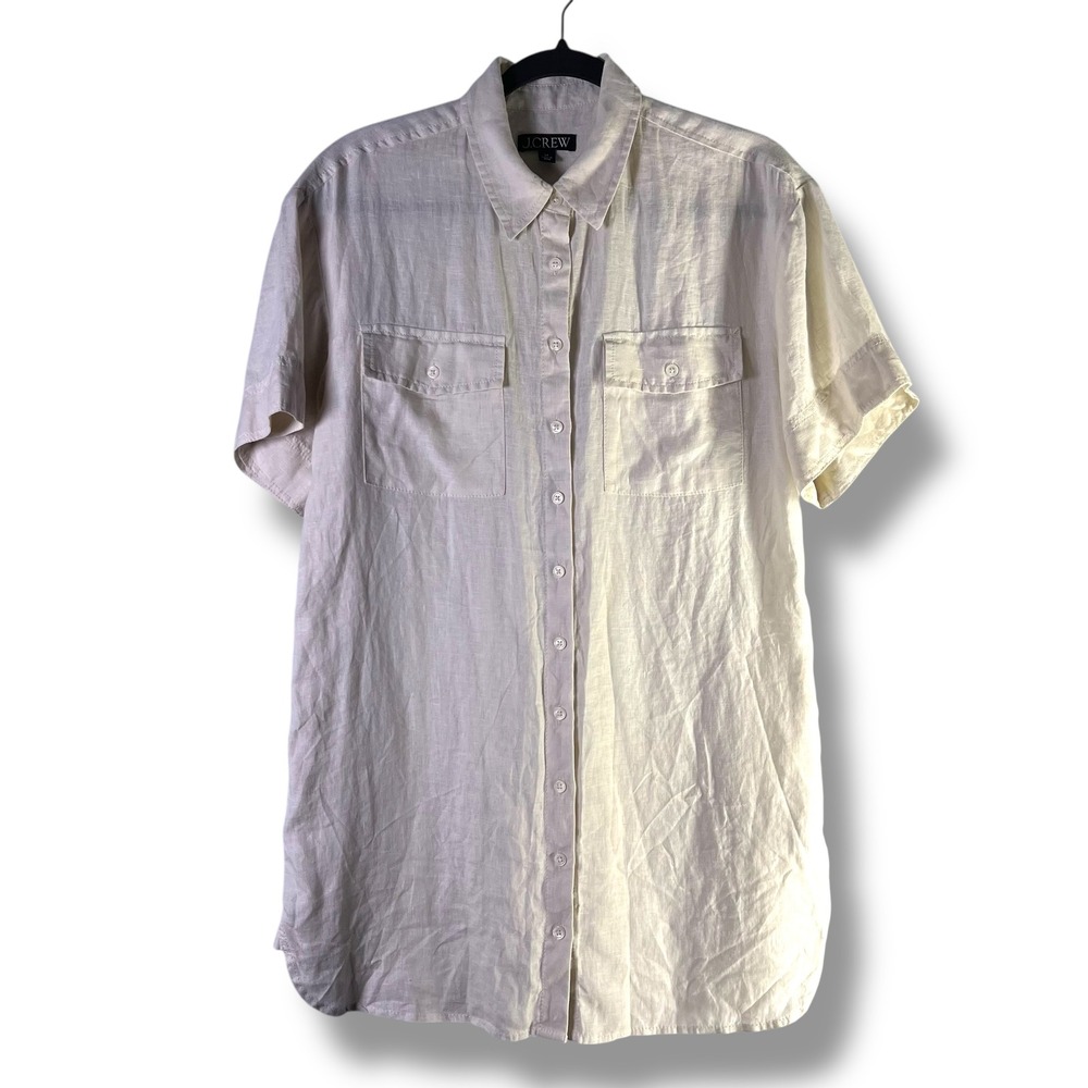 J Crew Womens Sz Small Petite‎ Utility 100% Linen Shirt Dress Neutral Minimalist